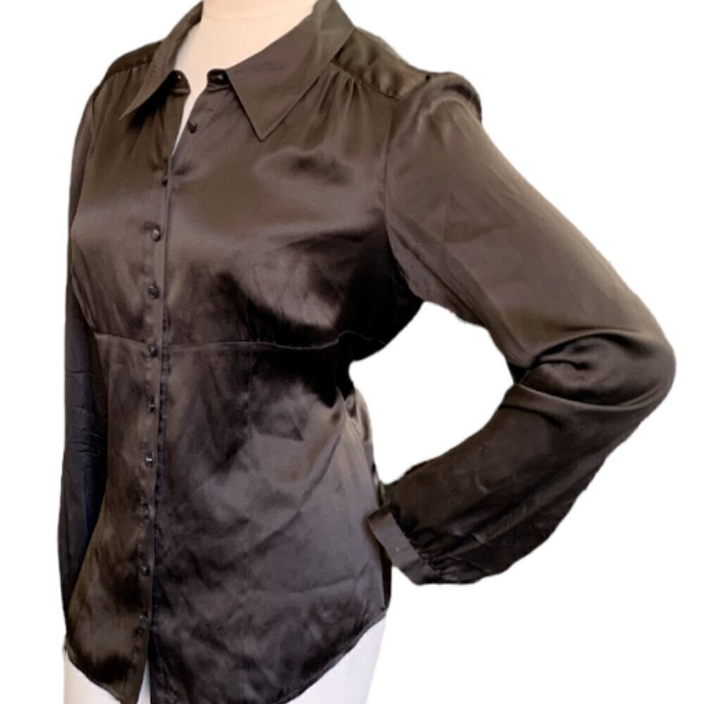 Semantiks Silk Spandex‎ Button Front Shirt Sz L Brown #15L
